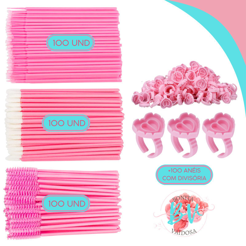 Kit 100 Anel Batoque Com Divisoria + 100 Escovinhas + 100 Microbrush + 100 Aplicadores Lip Gloss