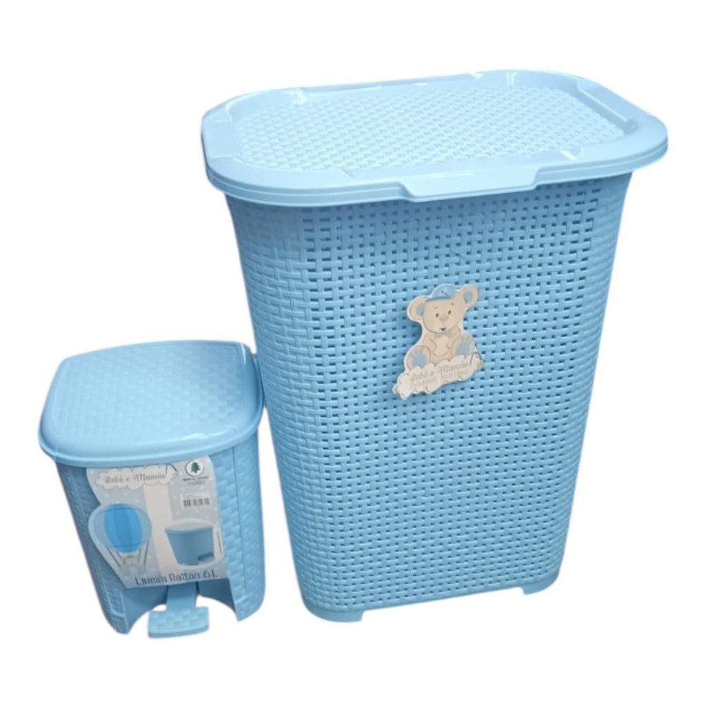 Kit Cesto de Roupas Infantil Rattan Com Tampa e Lixeira Rattan com Tampa