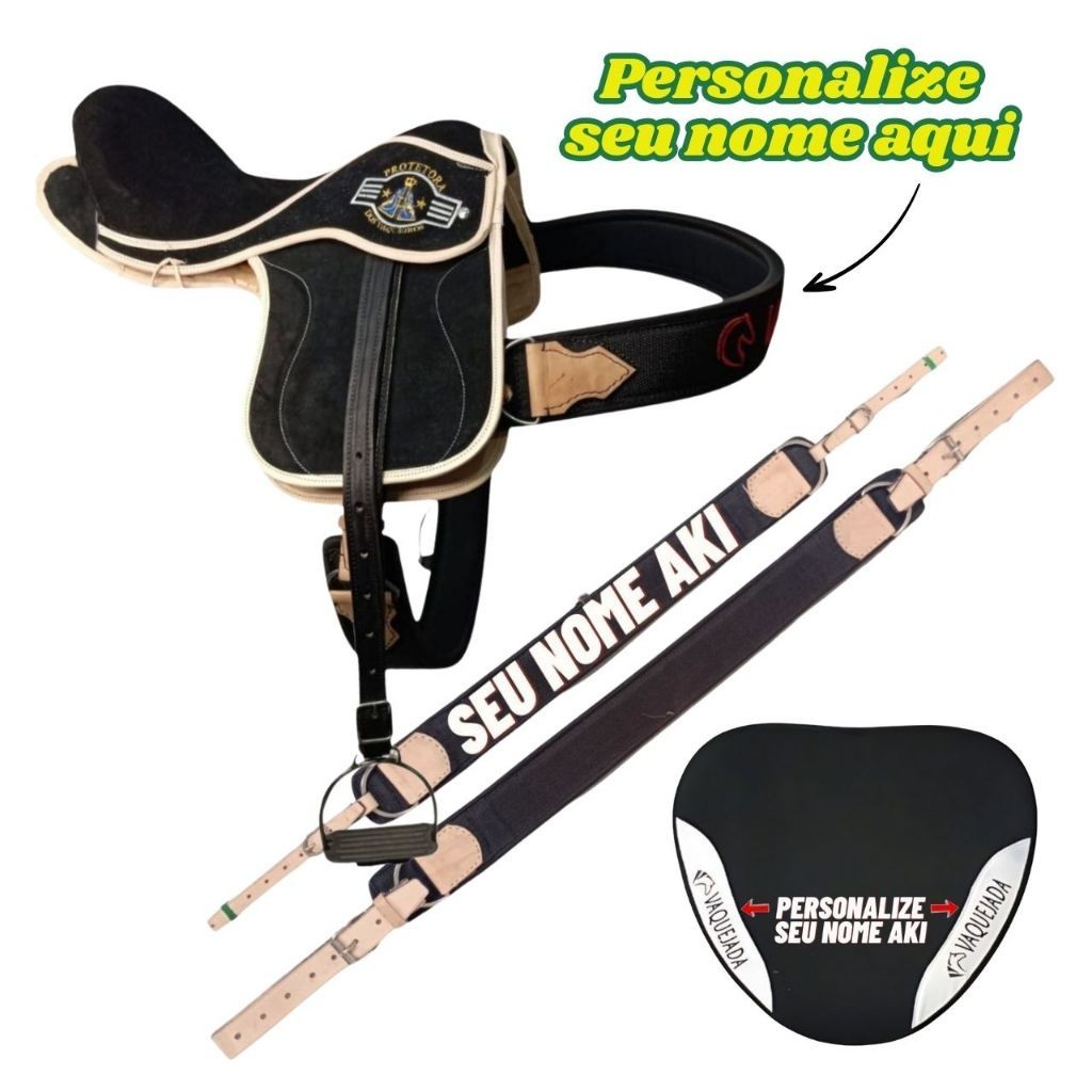 Sela Selote de campo Cavalgada Cavalo Personalizado Vaquejada Completo Preta conjunto e loro