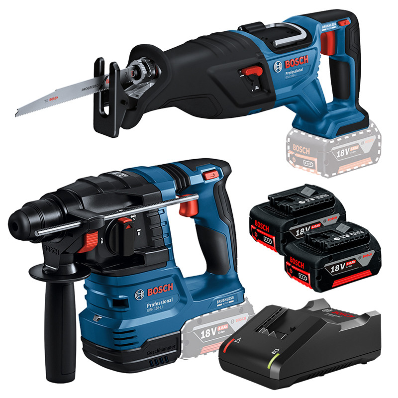 Kit Martelete Rotativo Rompedor SDS GBH 185-LI + Serra Sabre GSA 185-LI 2 Baterias GBA 18V 4Ah + Carregador GAL 18V-40