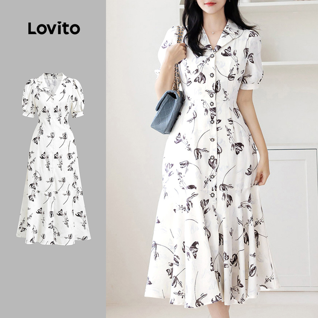 (New) Lovito Vestido Elegante de Babados  Vestido Primavera/verão para Mulheres L143ED060 em Oferta na Shopee