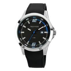 Relógio Pulso Masculino Technos 2115KPT8A Racer Basico Prata Fundo Preto Analógico Pulseira Silicone Prova D'água 50m
