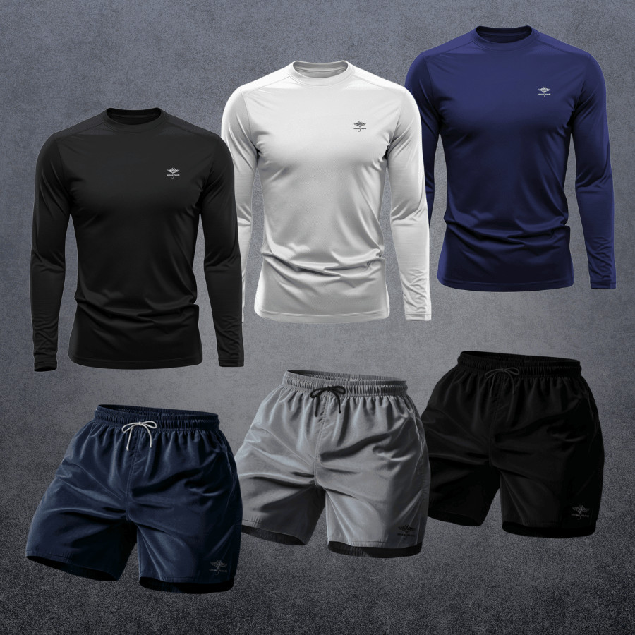 Kit 6 Masculino: 3 Camisetas Dry Fit Manga Longa UV 3 Short Mauricinho Academia P ao Plus