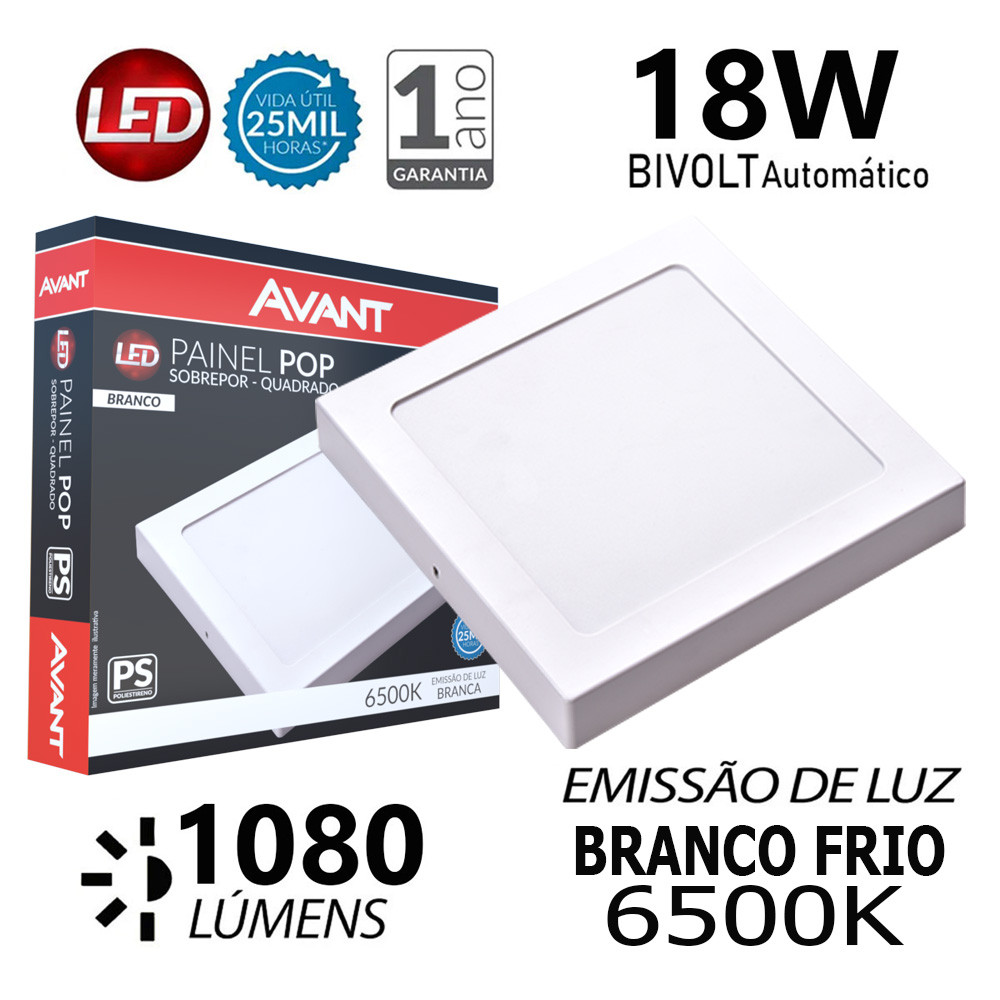 Detalhes do Kit 3 Luminaria de Teto Painel Plafon Sobrepor 18w Branco Frio 6500K Bivolt Avant
