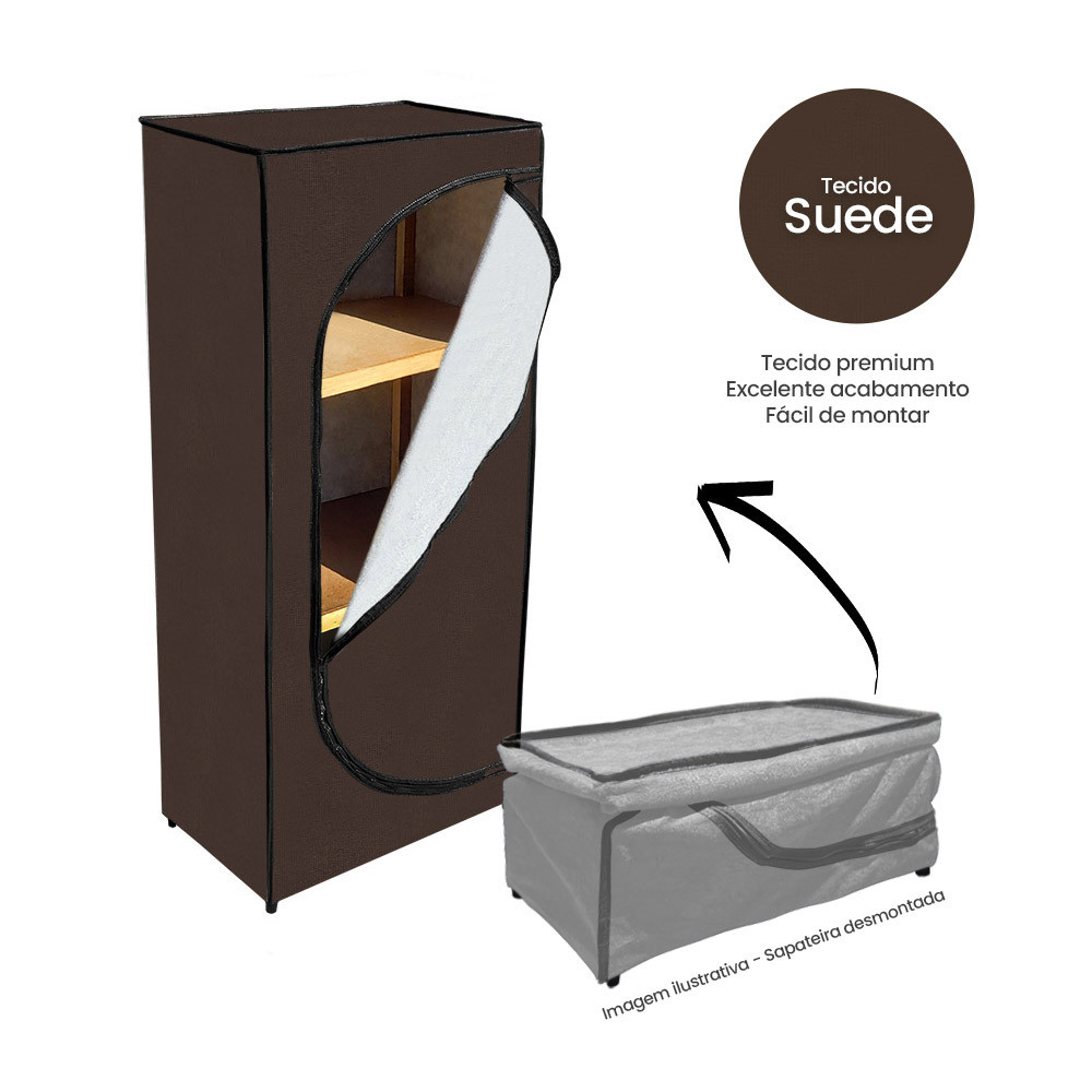 Sapateira Modular Pequena - Ziper Organizadora Calçados Tecido Suede - Marrom