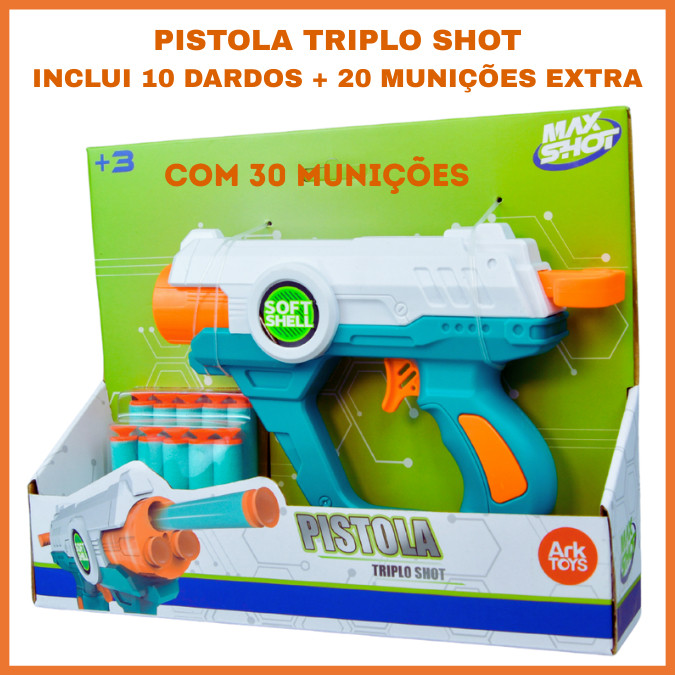 Pistola Triplo Shot Arminha Lança Dardos Arma de Brinquedo com 30 Munições