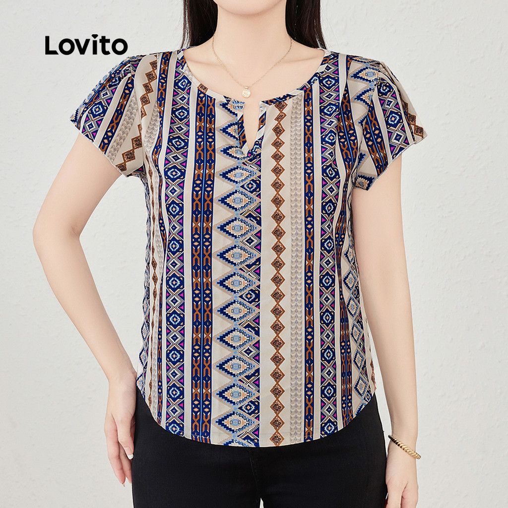Detalhes do Lovito Blusa Feminina Casual com Babado para Primavera e Verão L142ED1065