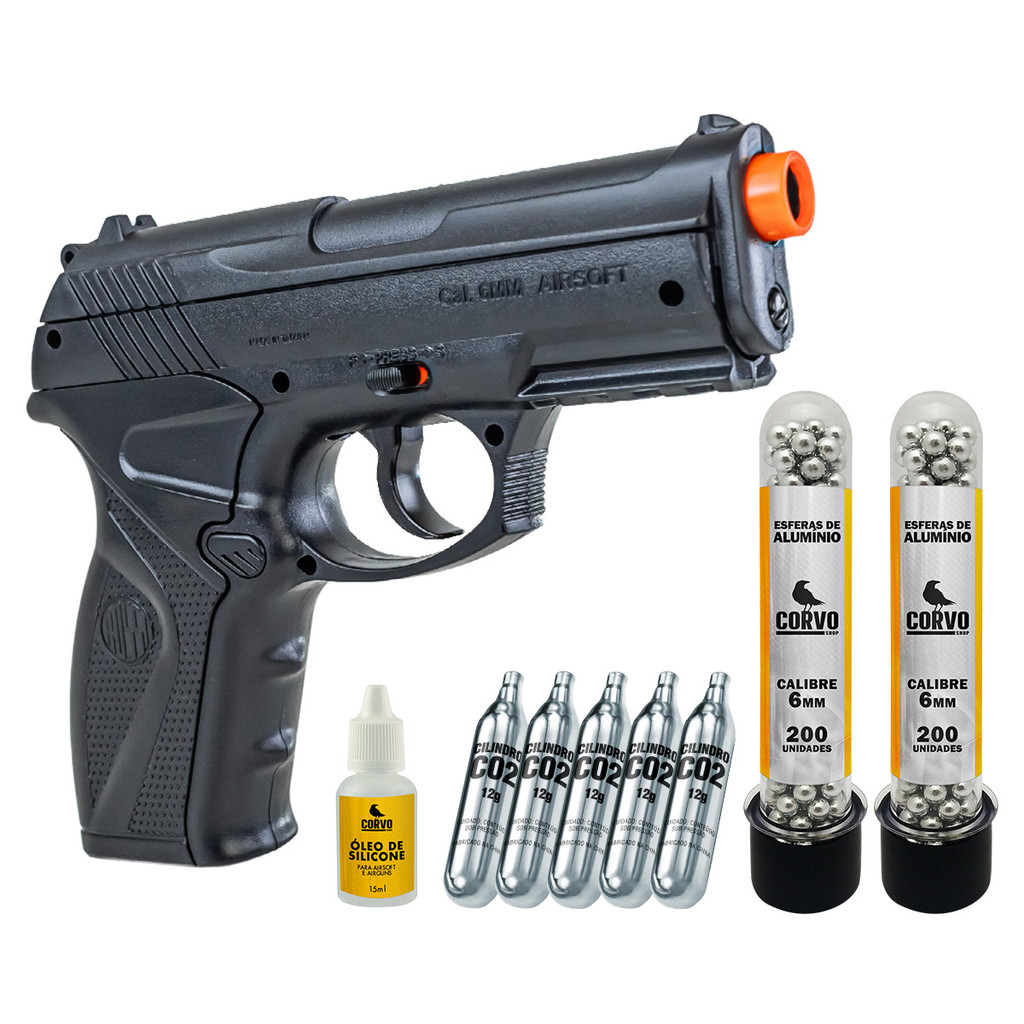 PISTOLA WINGUN AIRSOFT C11 de CO2 ESFERAS ALUMÍNIO + 05 co2 + 02 Esferas 6mm + Óleo