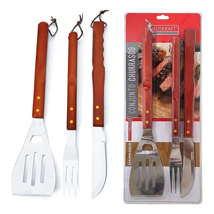Kit Churrasco 3 Peças Hauskraft Faca Garfo Espátula Aço Inox Cabo de Madeira