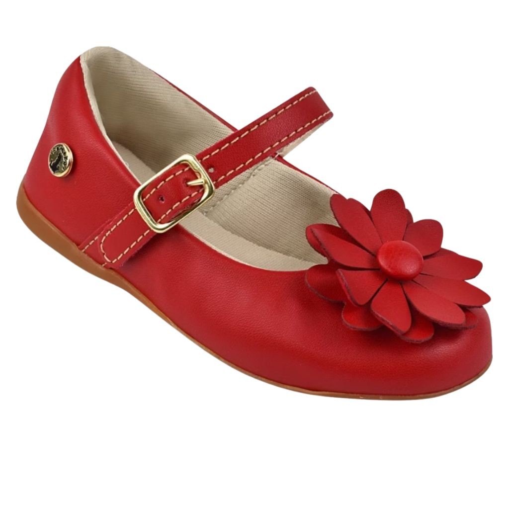 Sapatilha Infantil Menina Vermelha com Flor e Fivela 23 a 27 Elegante Luxo Leve Confortavel