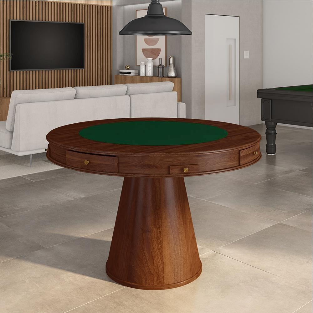 Imagem Mesa de Jogos Carteado 4 Lugares Bellagio com Gavetas e Tampo Base Cone com Tecido Imbuia/Verde G42