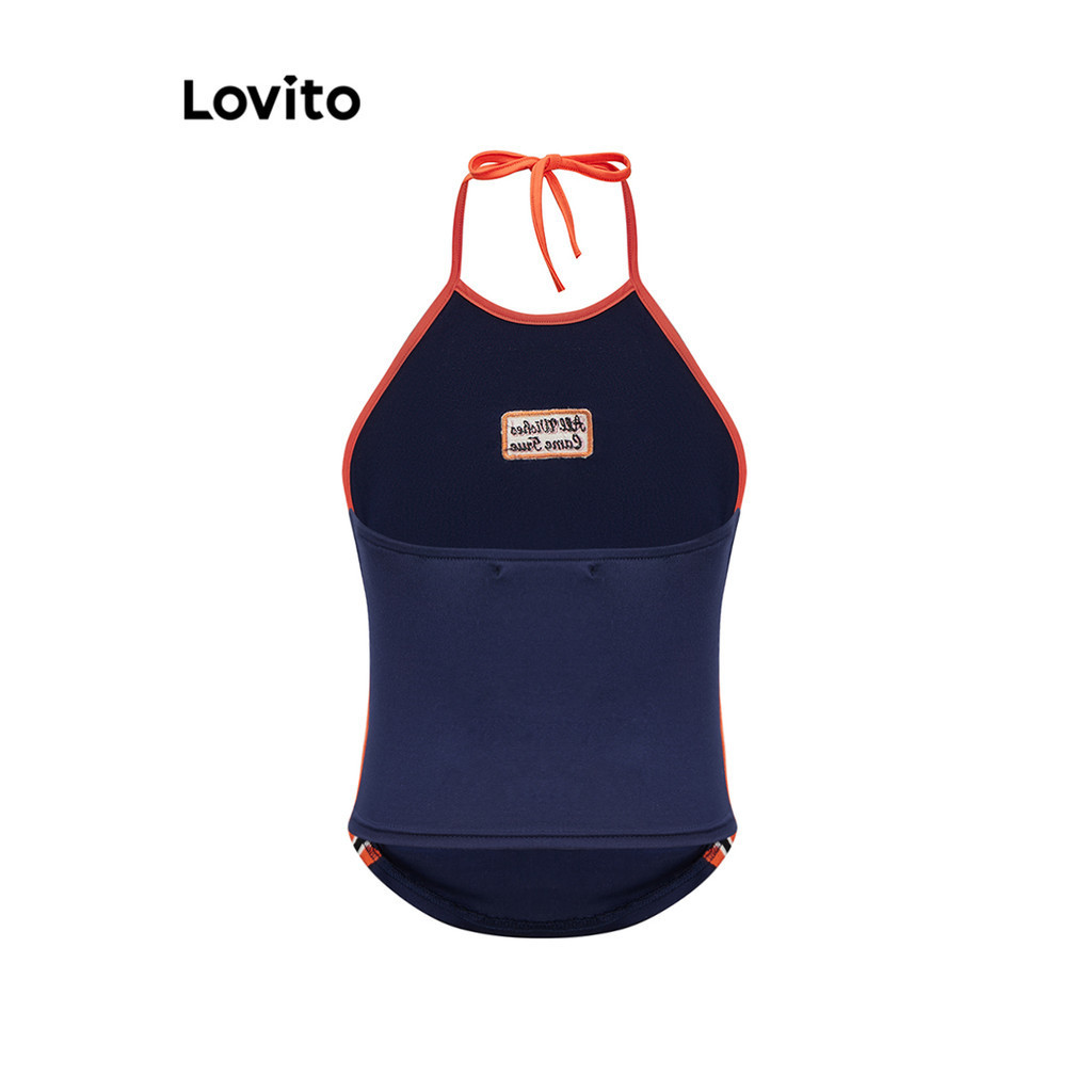 (Trendy) Lovito Regata Casual Com Letras Contrastantes E Fita Bordada Regata Para Mulheres L93AD011