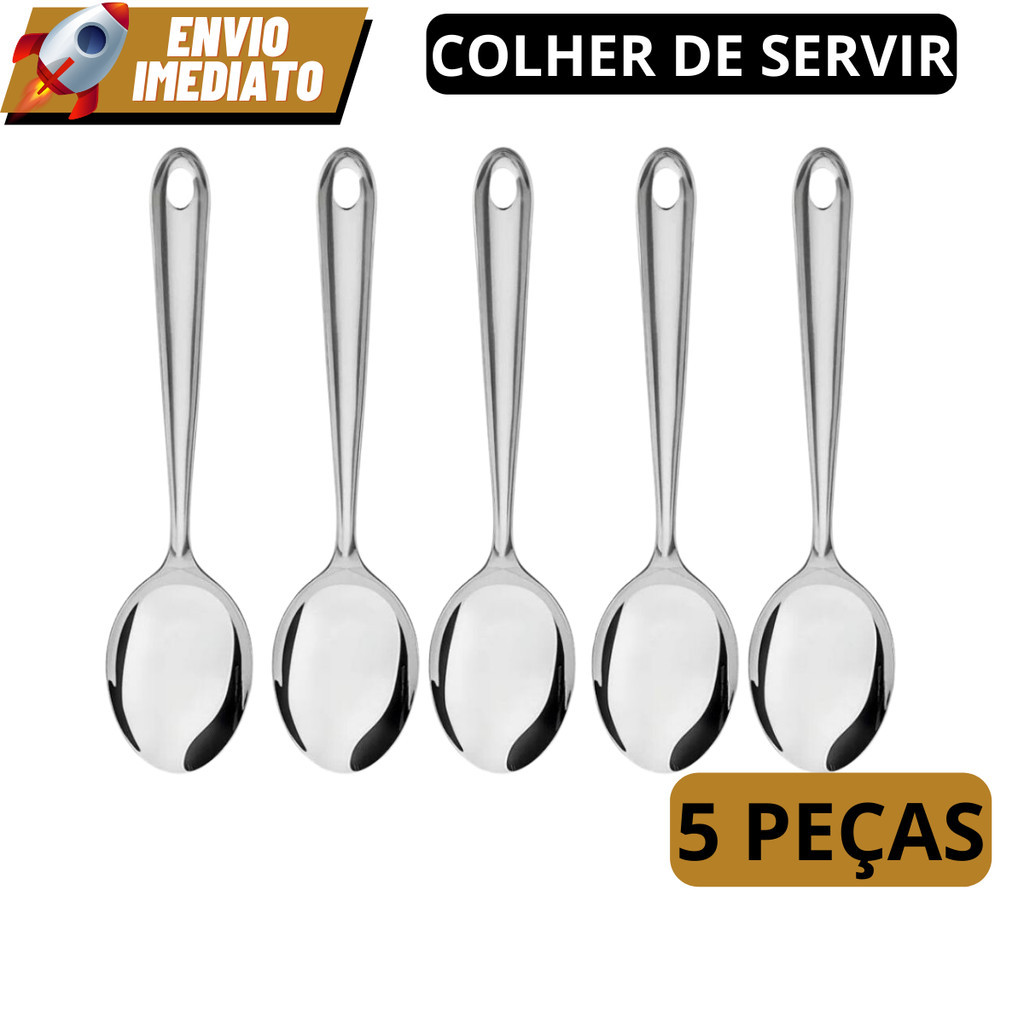 KIT 5 Colher De Arroz GRANDE Cabo Longo 100 % Aço Inox 26cm Casa Restaurante Buffet em Oferta na Shopee