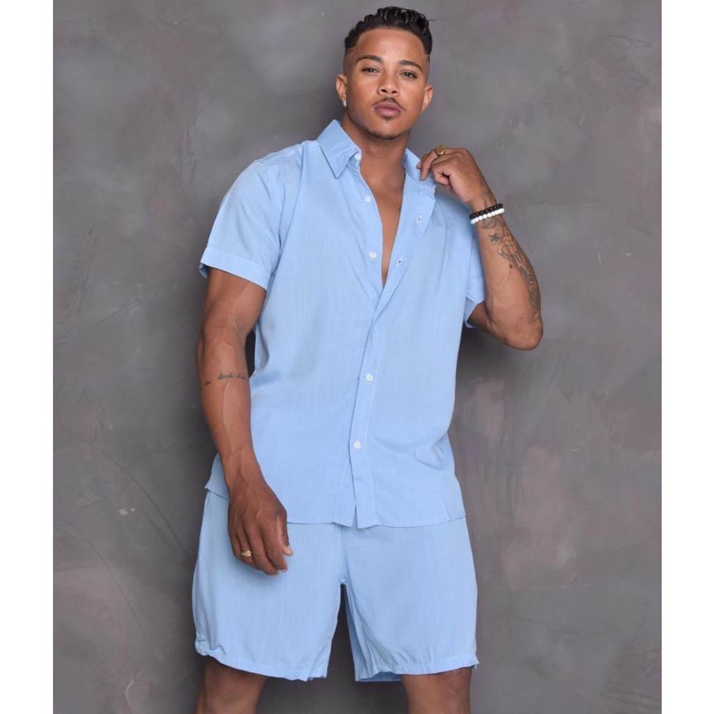 Conjunto Camisa e Short Florido Havaiano Estampado Listrado Adulto Masculino Tecido de Viscose