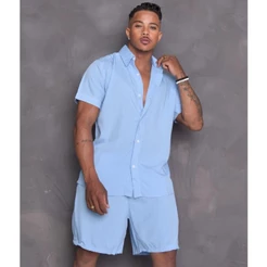 Conjunto Camisa e Short Florido Havaiano Estampado Listrado Adulto Masculino Tecido de Viscose