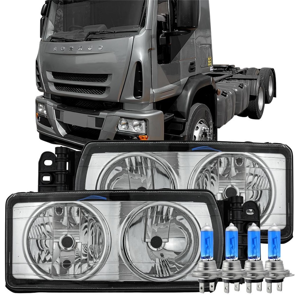 Par Faróis Vidro + Lampada Super Branca para Linha Pesada Iveco Stralis de 2010 a 2020