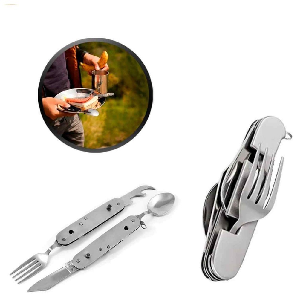 Kit Talher Retrátil Inox 6 Em 1 Garfo Faca Colher Abridor Latas Para Camping Trilha Marmita Passeio