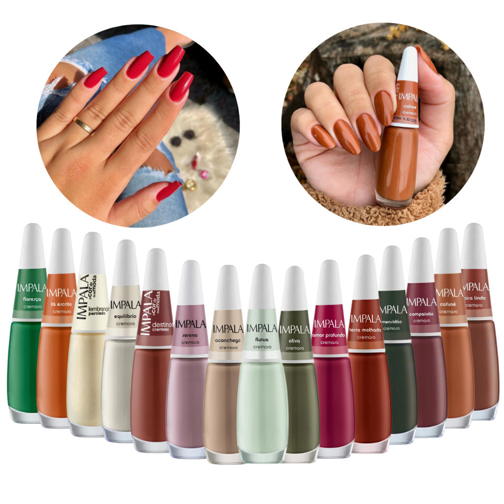 Kit C/15 Esmaltes Impala Cores Da Sua Moda Nude Terracota Cherry Red Manicure Pedicure