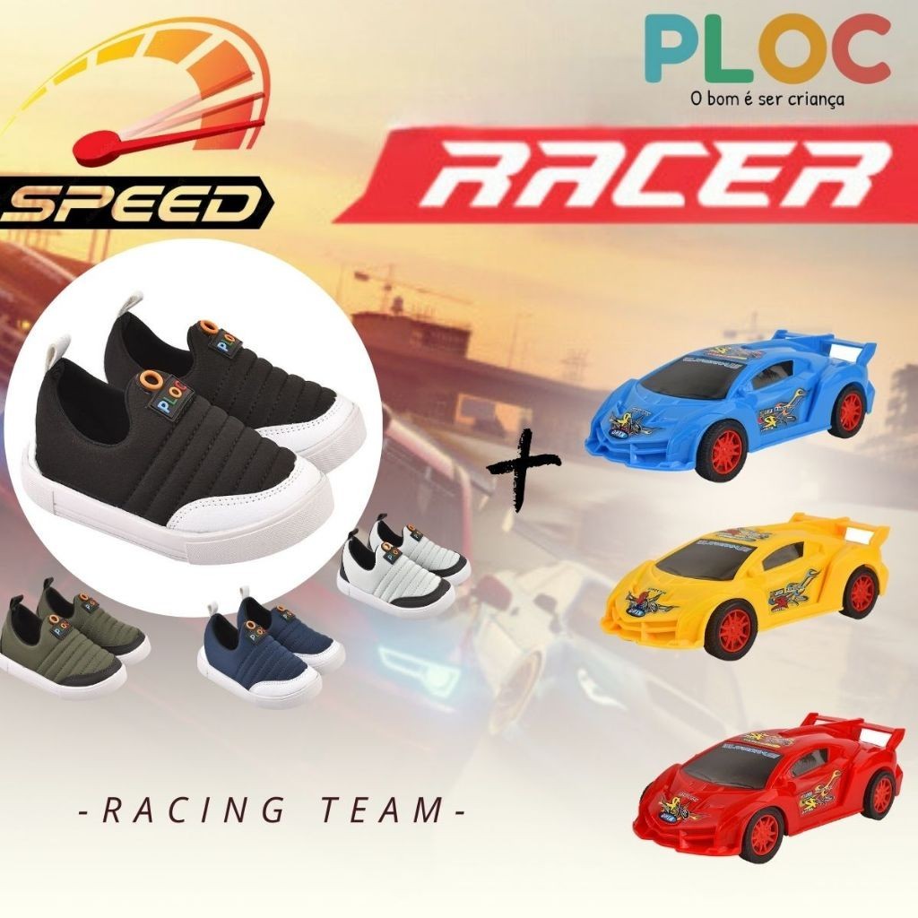 Kit Ploc Racer: Tênis Street Calce Fácil Flat Passeio Escola + Carrinho Racer Sortido