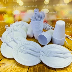 Kit Festa 50~200 PESSOAS ECONOMICO BRANCO GARFO + PRATO + COPO (CHOCO)