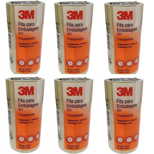 Kit 24 Fita Adesiva 301 Embalagem 3M Transparente 48MM X 50M