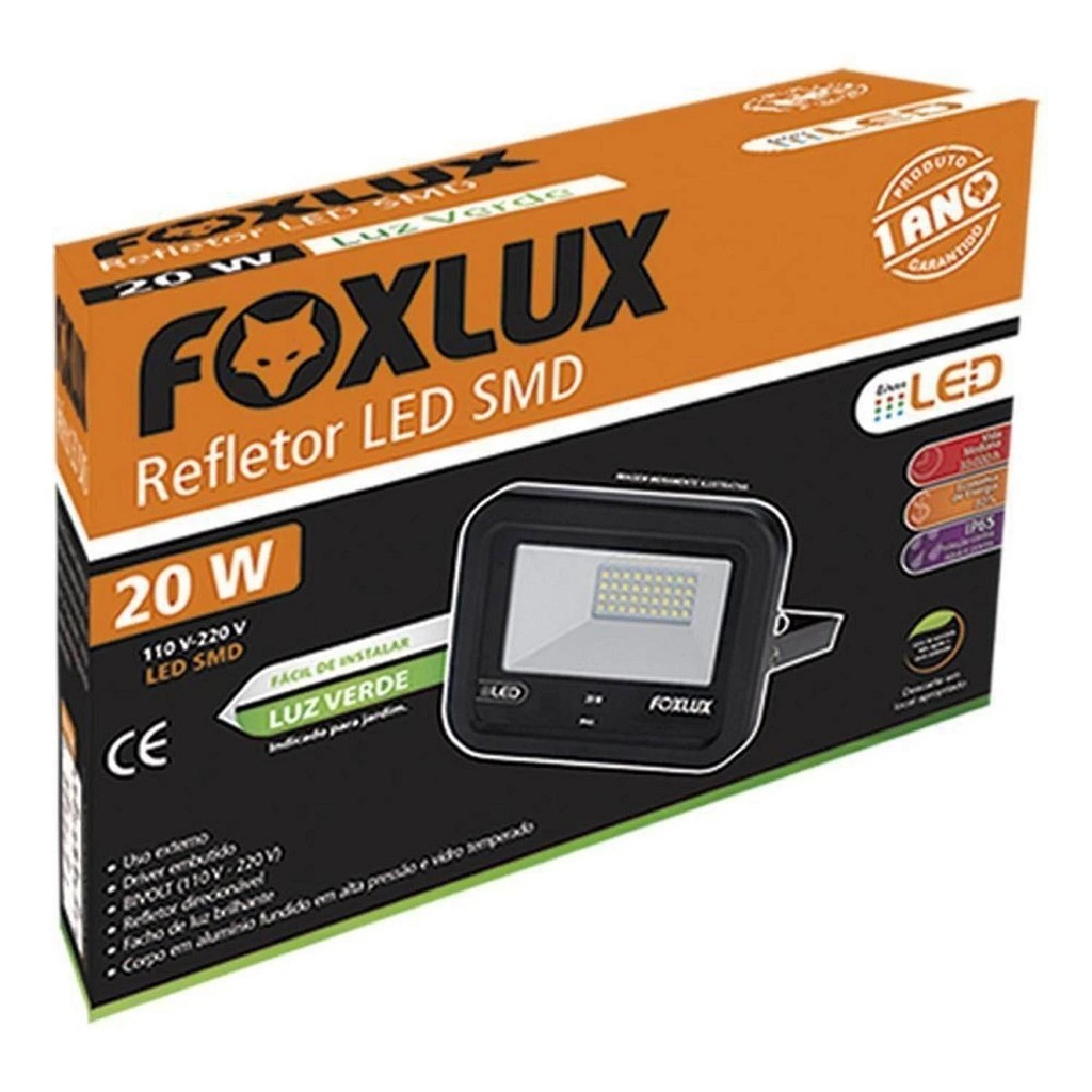 Refletor LED Foxlux 20W 110V/220V Preto Branco Frio | Alta potência luminosa