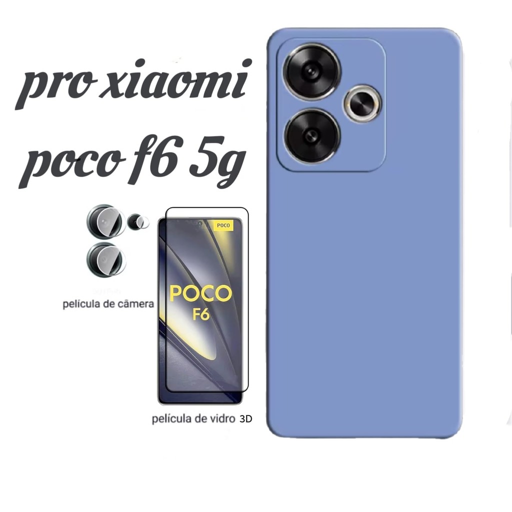 kit 3en1 Capa Poco F6 Anti Impacto silicone líquido Poco f6 + película Vidro 3d + película de câmera