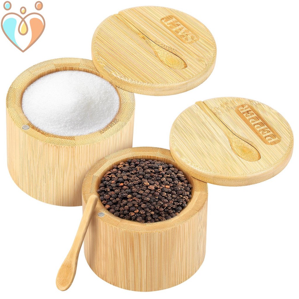 Adega De Especiarias De Bambu Tigela De Sal De Tempero De 5 oz Redonda De Pimenta Com Tampa Giratória E Colher SHOPTKC2322