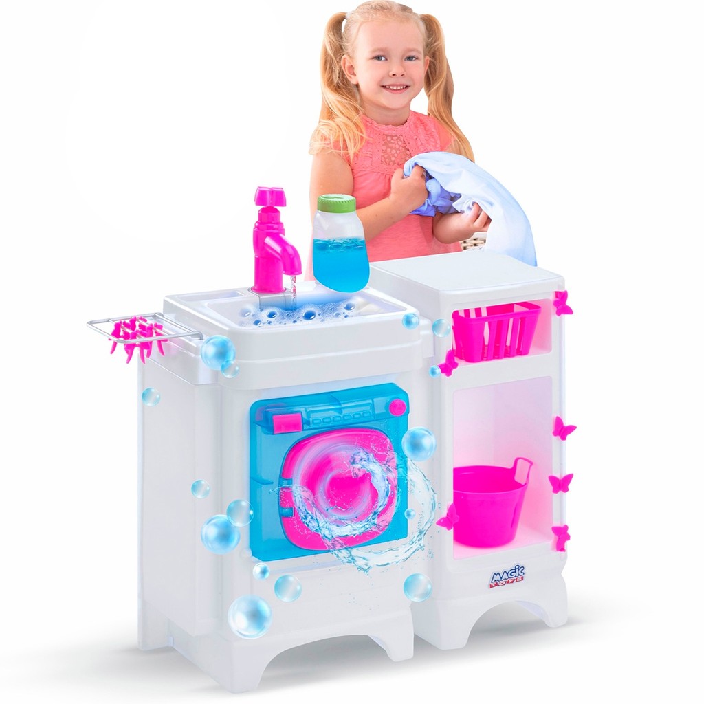 Lavanderia Infantil Lavadora Secadora Sai Água Com Acessórios Magic Toys