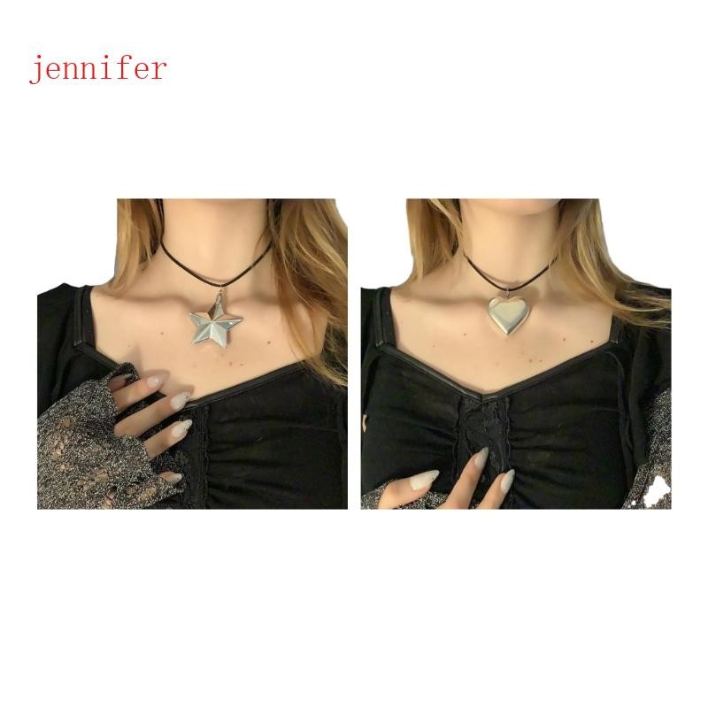 jennifer Punk Love Heart Necklace Pingente De Prata-Estrela Corrente Gargantilha De Corda Preta