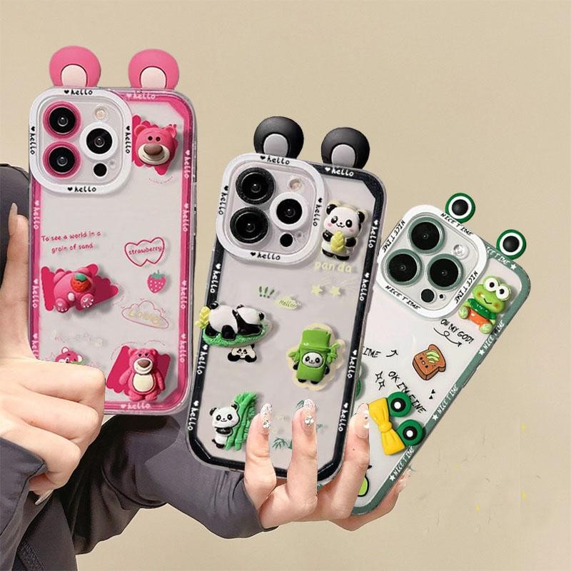 Orelhas 3D Fofas Olhos De Rã Panda Lotso Caixa De Bonecas De Urso Para Samsung Galaxy A06 A05 A05S A34 A35 A71 A55 A51 A30 A20 A24 A14 A15 A33 A73 A12 A32 Fofa De Telefone Transparente