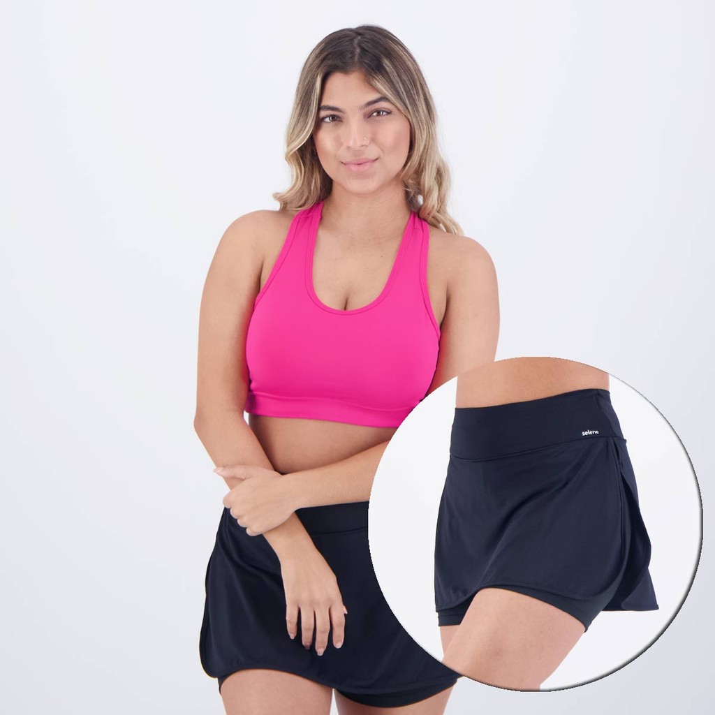 Conjunto Selene Top Com Bojo + Shorts Saia II Rosa e Preto em Oferta na Shopee
