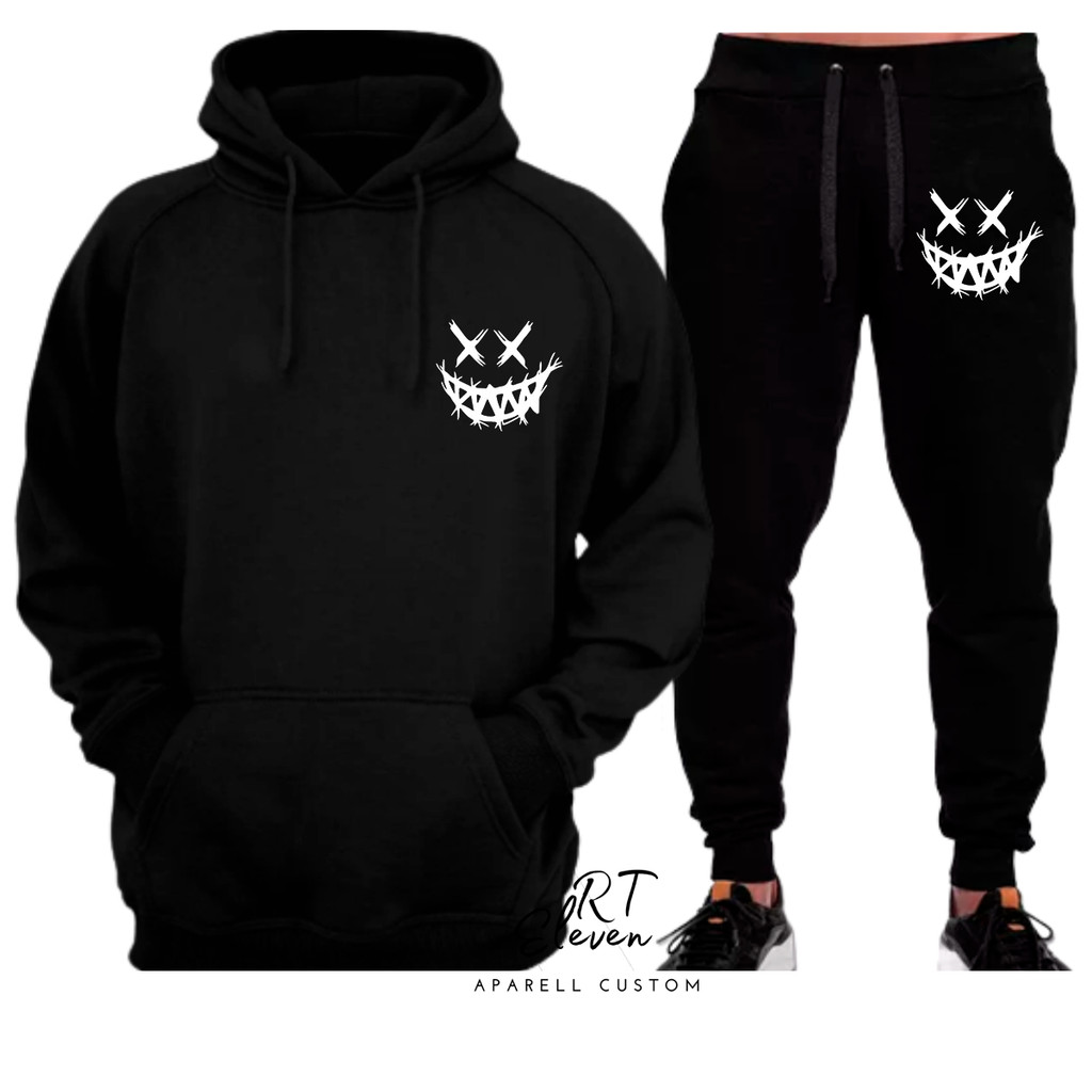Conjunto Moletom Smiley Evil Estampa Blusa De Frio + Calça linha premium moleton canguru com bolso e capuz