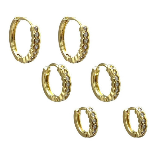 Brinco Folheado a Ouro Argola Com Zircônias Trio para 3 Furos