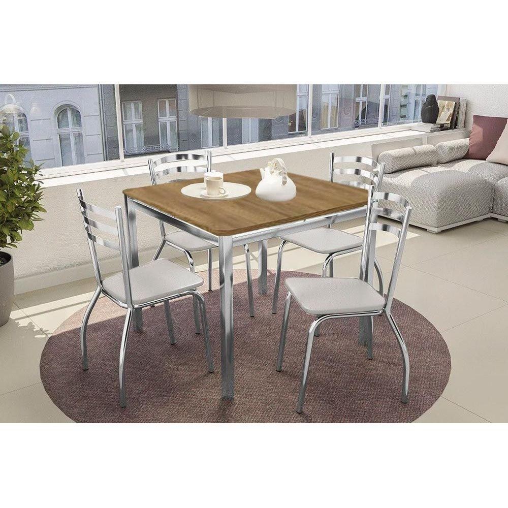 Sala de Jantar Completa Reno c/ Tampo de Madeira 90cm + 4 Cadeiras Portugal Cromada/Branco 106 - Kappesberg