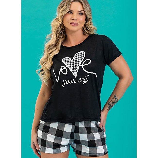 Pijama Feminino Verão Com Manga Curta Shorts Love Yourself
