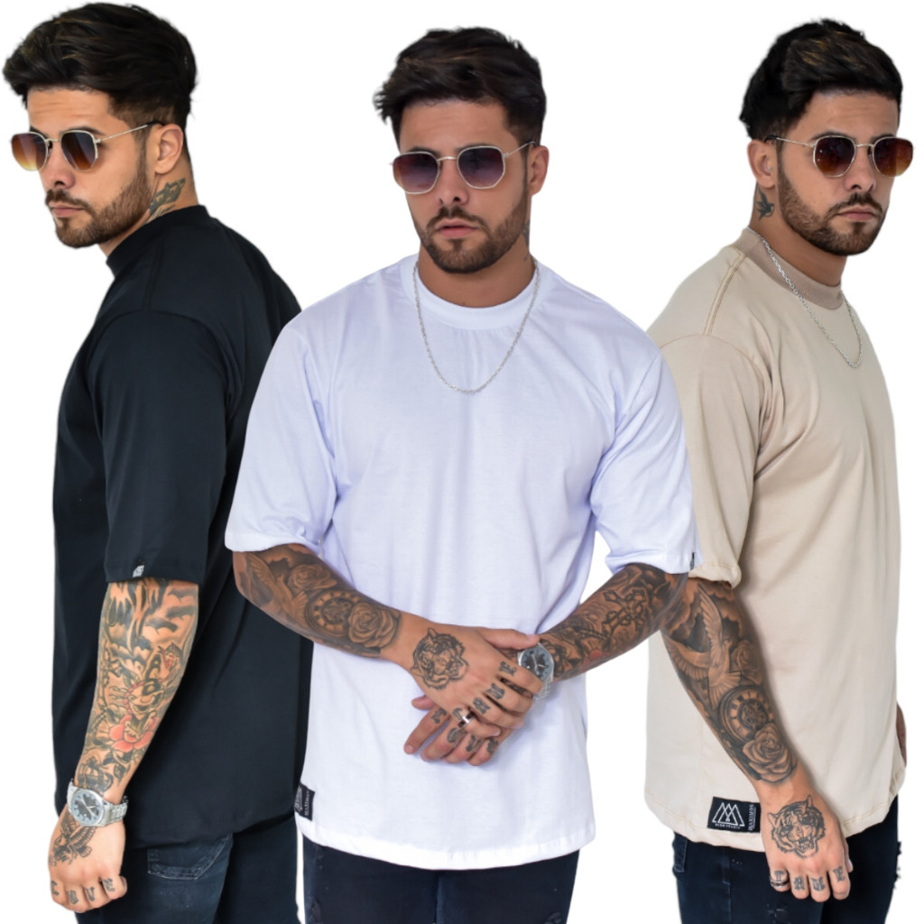 Kit 3 Camisetas Masculina Oversized Streetwear Gola Alta Algodão Básica Lisa Casual