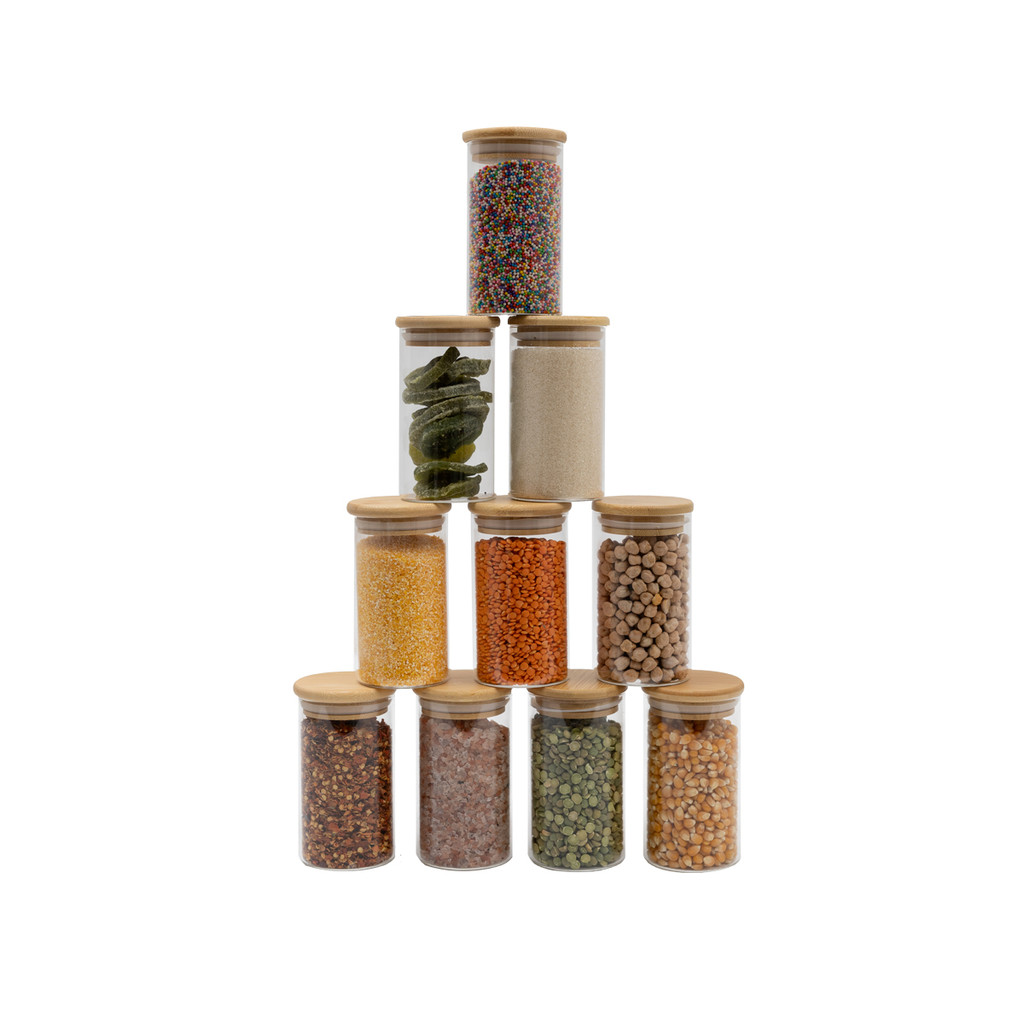 kit 10 potes de vidro 300ml com tampa de bambu herméticos redondos - Oikos em Oferta na Shopee