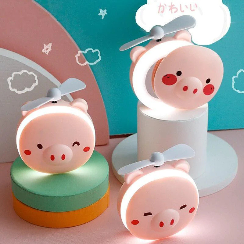Mini Espelho Ventilador Porquinho Rosa Usb Iluminação Luz Led Para Maquiagem Portátil S15