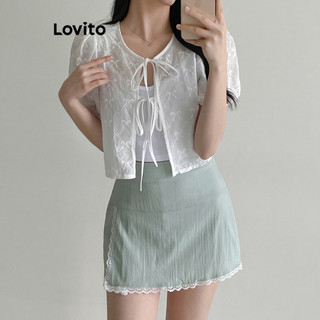 Lovito Blusa casual lisa jacquard com renda para mulheres L91AD107 em Oferta na Shopee