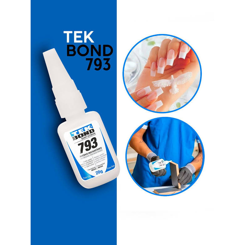 Kit Cola Instantânea Tek Bond 793 20g / Unha Para Postiça/Fibra e Pedrarias Bico Fino / Fácil Aplicação / Super Forte