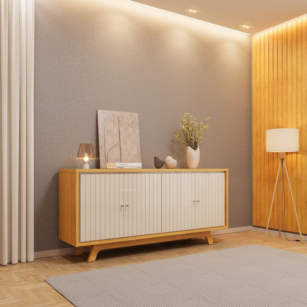 Buffet 4 Portas com Frisos Decorativos e Prateleiras DJ Móveis Soleil Cedro Off White em Oferta na Shopee