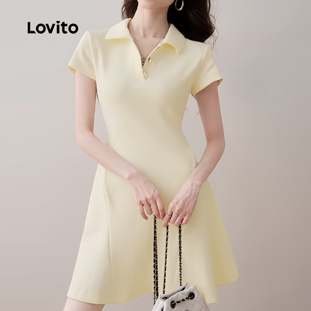 Detalhes do Lovito Vestido Casual de Botões com Escalope Macio e Confortável Primavera/verão damasco L139AD252