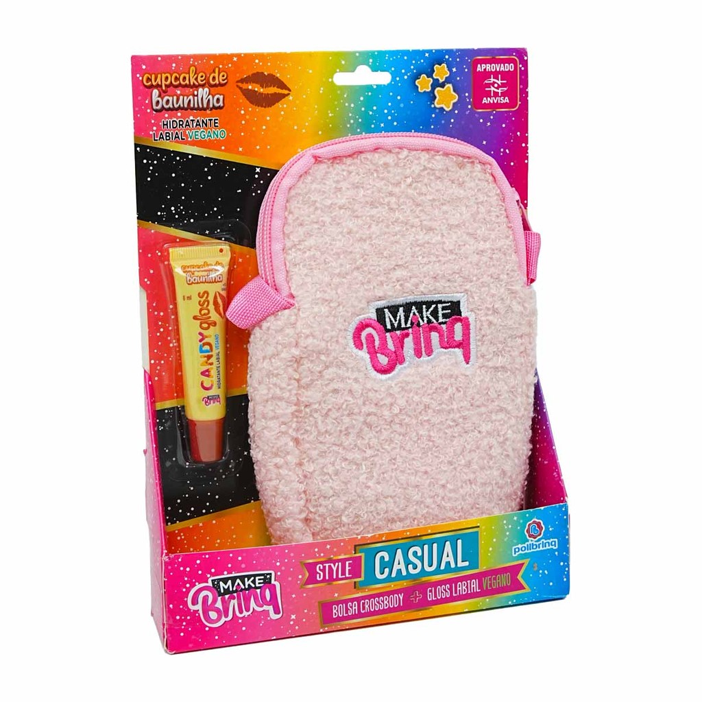 Bolsa Crossbody Com Gloss Vegano Infantil Menina Kit Maquiagem Batom Cosmetico Polibrinq