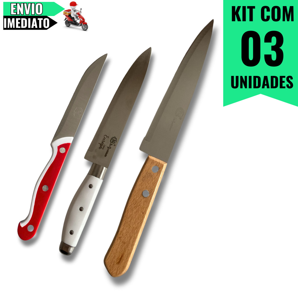 Imagem Kit Profissional com Faca de Carne 7", Faca de Cozinha 6" e 5" – Uso Doméstico, Churrasco, Restaurantes e Profissional