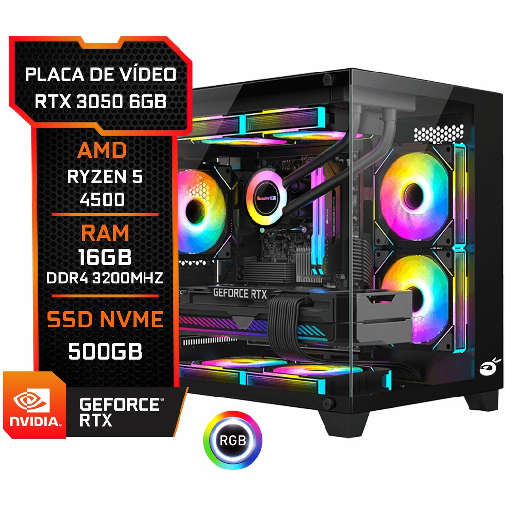 Pc Gamer RTX 3050, AMD Ryzen 5 4500, 16GB DDR4, SSD M.2 NVME 500GB