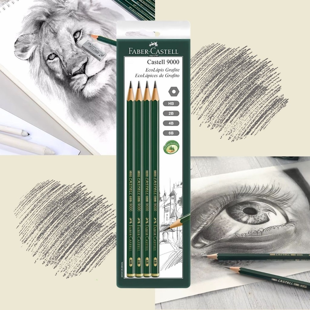 Kit EcoLápis Grafite 9000 4un HB 2B 4B 6B para Desenho Profissional Faber-Castell