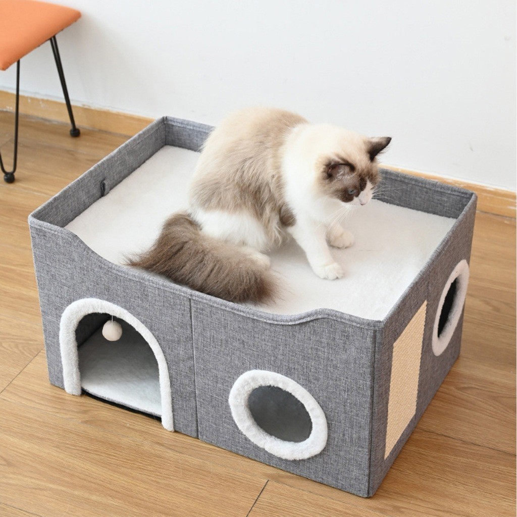 Casinha Gato Casa Cama Caminha Com Arranhador e Bolinha De Pelucia Para Gatos Pet 2 Andares Moderna