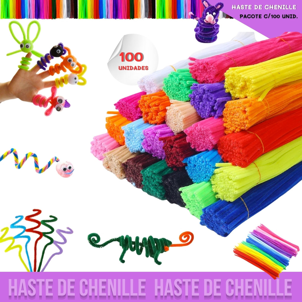 100 Haste de Chenille Limpador de Cachimbo Fios Artesanato 30cm 100 Haste de Chenille Limpador de Cachimbo Fios Artesanato 30cm