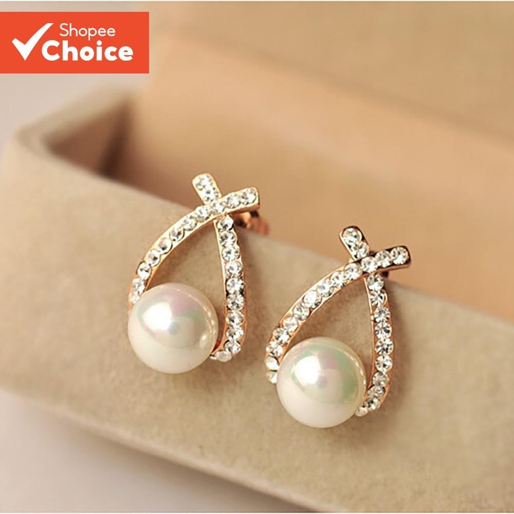 Brincos Femininos De Pérola Cruzada – Elegantes Strass Coreanos Cravejados De Joias Vintage Para Uso Diário